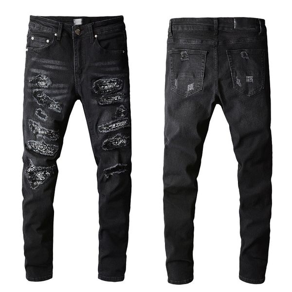 Chicos Jeans Rodillas Rasgadas Parches Hombre Pantalones resistentes Diseñador Andrajosos Recto Flaco Negro Afligido Dañado Rasgado Tallas grandes Alta calidad para moda para hombre 2022 Largo