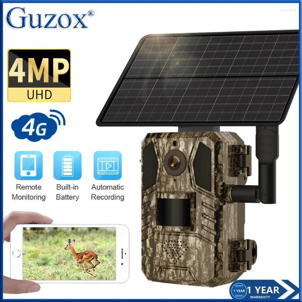 Guzox 4MP Outdoor 4G Trail Camera Wireless Sim Sim Sim Voice IP66 Patería solar impermeable Caza alimentada con alimentación