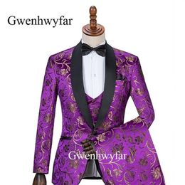 Gwenhwyfar 2019 Advance Style châle noir revers marié Tuxedos or Floral violet hommes costumes mariage homme veste pantalon gilet X0276W