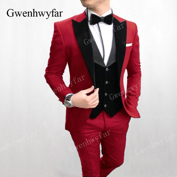 Gwenhwyfar 2019 Nouveaux hommes formels Prom Costumes Red Velvet Vest 3 Pieces Groom Robe Suit Set Men Tuxedos pour hommes Groom 2818