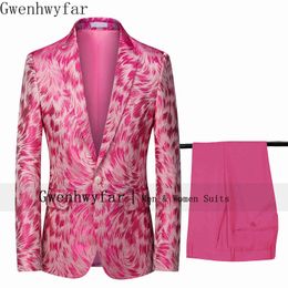 Gwenhwyfar 2020 nouveau Design hommes costume 2 pièces ensemble mode Phoenix Floral costume Slim Fit rose bleu robe de mariée costumes Blazer pantalon X0909