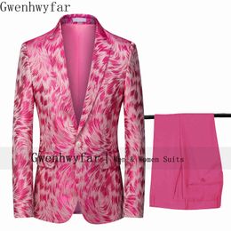 Gwenhwyfar 2020 Nieuwe Design Mannen Pak 2 Stuks Set Mode Phoenix Floral Suit Slim Fit Pink Blue Trouwjurk Past Blazer Broek X0909