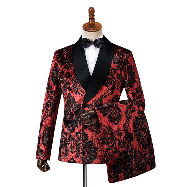 Gwenhwyfar 2020 sur mesure velours rouge hommes costume marié smokings garçons d'honneur meilleur homme bal Blazer hommes costumes de mariage avec motif noir