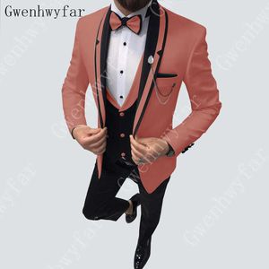 Gwenhwyfar Coral Stage Kleding voor Mannen Pak Set Mens Bruiloft Pakken Kostuum Bruidegom Tuxedo Formele Zakelijke Pakken Jas + Broek + Vest X0909