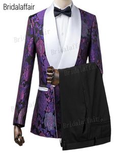 Gwenhwyfar Custom Made Groom Tuxedos Slim Fit Purple Floral Printed Men Suit Set voor bruiloft prom Mens Suits 2pcs JacketBlack PA4984624