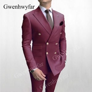 Gwenhwyfar Double boutonnage hommes costume bordeaux deux pièces Slim Fit haute qualité mariage Costume fête bal or bouton hommes costumes X0909