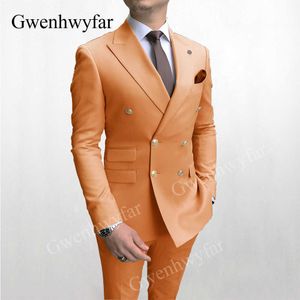 Gwenhwyfar Trajes de hombre de doble botonadura Naranja Carbón Negro Azul marino Azul real Blanco Moda Botón dorado Trajes de fiesta (chaqueta + pantalones) X0909