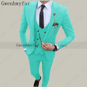 Gwenhwyfar Mode Turkoois Bruidegom Tuxedos Een Knop Herenpakken Bruidegom Bruiloft Diner Beste Man Pakken (Jas + Broek + Vest) X0909