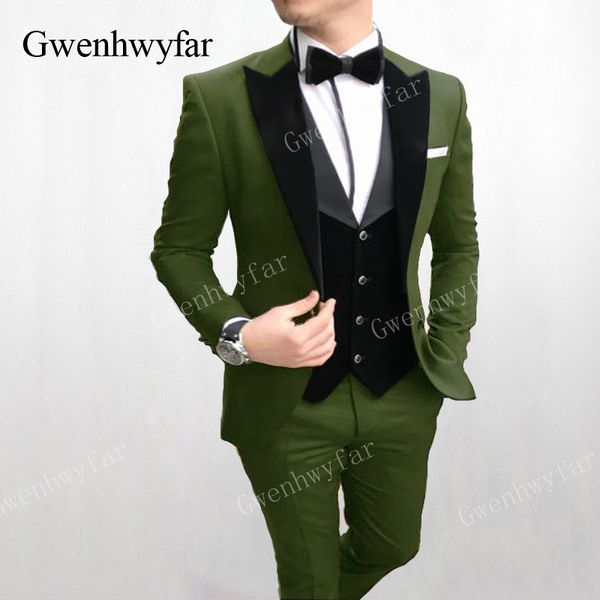 Gwenhwyfar Formal Men Suits Army Green 2019 Slim Fit Velvet Auto Groom Suit Mens Tuxedo Blazer Mariage Prom Costumes 3 Pieces251Z