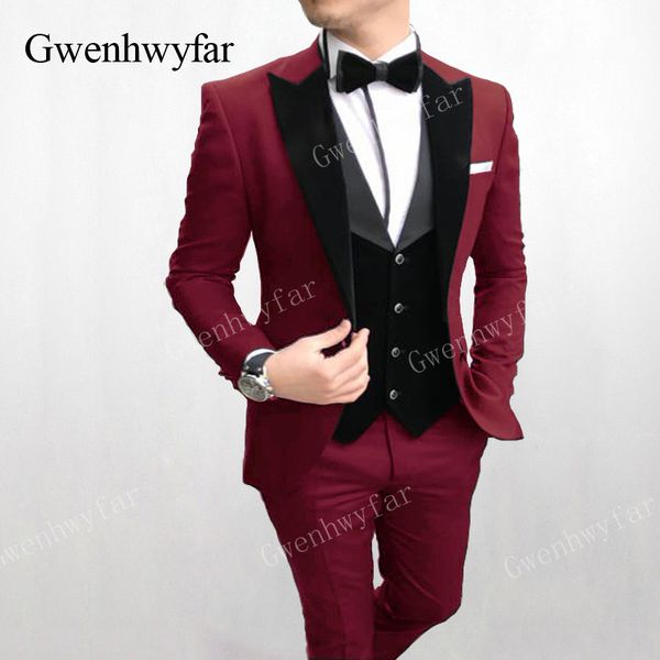 Gwenhwyfar formel hommes costumes rouge foncé mariage marié costume avec velours gilet smoking pour hommes costumes de mariage bal meilleur homme porter 3 pièces