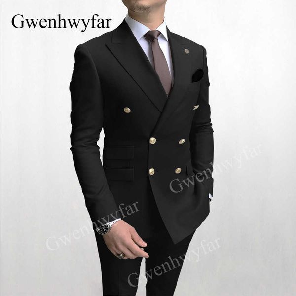 Gwenhwyfar Beau costume noir pour homme avec bouton doré Blazer à double boutonnage Peak Lapel Slim Cut Pants 2 Pieces Party Dressed X0909