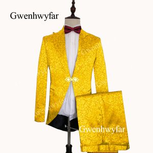 Gwenhwyfar Laatste Jas Pant Designs Bright Yellow Men Pak Slim Fit Skinny 2-delige Tuxedo Custom Groom Prom Tailcoat Mens Past
