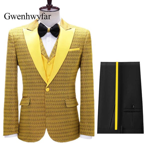 Gwenhwyfar lujo oro jacquard hombres esmoquin para fiesta de boda traje de novio 2021 un botón blazer empalme chaleco línea lateral en pantalones x0909