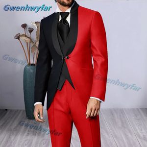 Gwenhwyfar Luxury Mixed Red Black Dinner Party Men trajes de estado negro Dos formas de blazer abotonado Croom de boda Tuxedos 240326