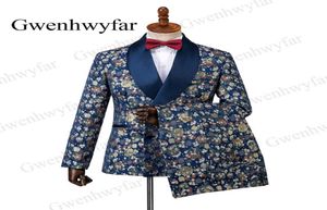 Gwenhwyfar Men costumes 3 pièces 2019 Series de banquet d'automne Chrysanthemum Navy Blue Groom Men Tuxedos Double Breasted4501373