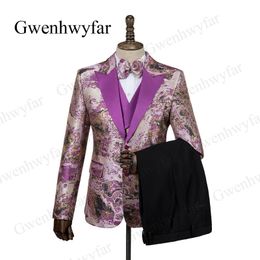 Gwenhwyfar purpel revers jacquard mannen pakken 2019 unieke patroon bruidegom beste mannen bruiloft pakken smoking tuxedos blazer vest broek