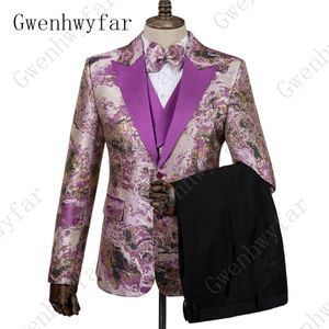 Gwenhwyfar Paarse Bloemen Mannen Pakken Voor Bruiloft Nieuwste Ontwerpen Bruidegom Tuxedos Mode Formele Prom 3 Stuks Jasje Vest Pants223r