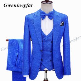 Gwenhwyfar Royal Blue Plaid Jacquard Jacket Mannen Pak Slim Fit Bruiloft Tuxedo Custom Made Wedding Groom Party Pakken Kostuum Homme X0909
