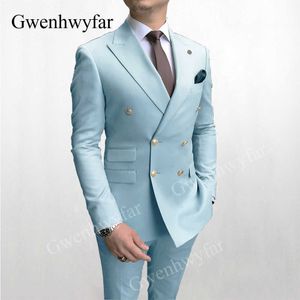 Gwenhwyfar Sky Blue Men Past Double Breasted 2020 Nieuwste Design Gold Button Bruidegom Bruiloft Tuxedos Beste Kostuum Homme 2 Stuks X0909