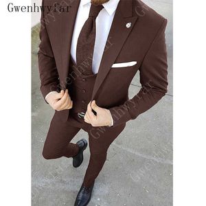 Gwenhwyfar Slim Fit Brown Business Men Pakken Bruiloft Bruidegom Tuxedos 3 Stuks (Jas + Vest + Broek) Beste Man Prom Draag Kostuum Homme X0909
