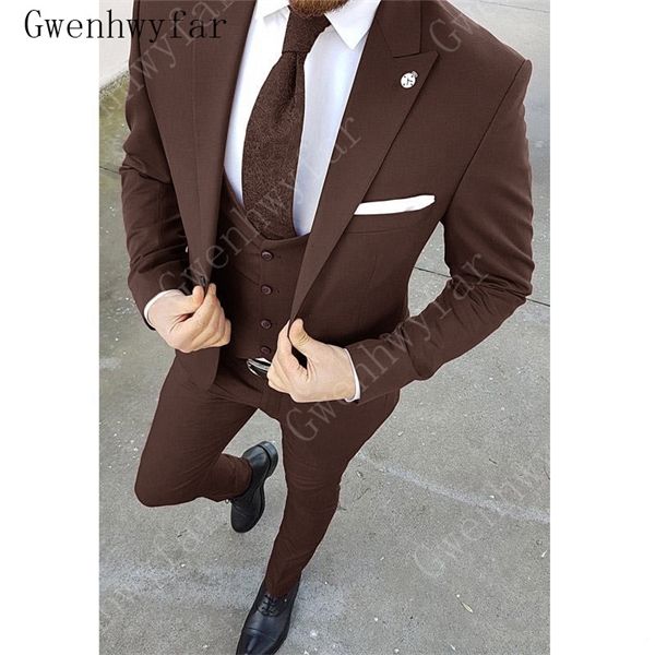 Gwenhwyfar Slim Fit Brown Business Men Costumes Mariage Groom Tuxedos 3 Pièces (Veste + Gilet + Pantalon) Meilleur Homme Prom Wear Costume Homme X0608