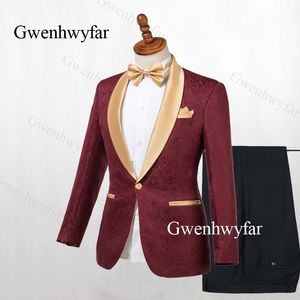 Gwenhwyfar, esmoquin ajustado para novio de boda para cantante, baile de graduación, traje de hombre, solapa dorada, 2 piezas, chaqueta negra burdeos, pantalones, ropa de hombre