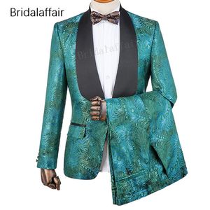 Gwenhwyfar Tailor-Made Bruidegom Tuxedo Fashion Green Floral Gedrukt Slim Fit Mannen Suit Set voor Wedding Prom Mens Suits 2pcs (Jack + Pants)