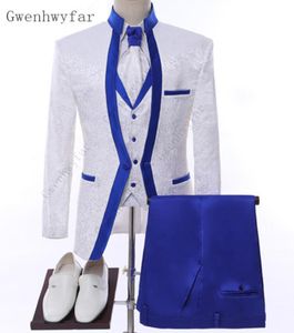 Gwenhwyfar White Royal Blue Rim Stage kleding voor mannen pak set set heren bruiloft pakken kostuum bruidegom smoking tuxedo formele jaservest1892455