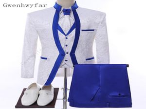 Gwenhwyfar, ropa de escenario con borde azul real blanco para hombre, conjunto de traje, trajes de boda para hombre, traje de novio, esmoquin, chaqueta Formal, pantalones, chaleco6011996