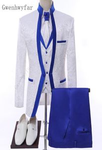 Gwenhwyfar, ropa de escenario con borde azul real blanco para hombre, conjunto de traje, trajes de boda para hombre, traje de novio, esmoquin, chaqueta Formal, pantalones, chaleco2190312