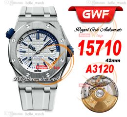 GWF V2 Dive 42 mm 15710 A3120 Montre automatique pour homme Cadran texturé blanc/bleu Boîtier en acier Bracelet en caoutchouc blanc Montres de sport pour hommes Super Edition HelloWatch A44c