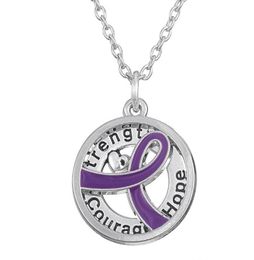 GX055 Cancer Sensibilisation Purper Ribbon Silver Plated Force Hope Courage Lettres Love Collier de pendentif rond