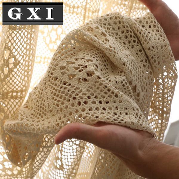 GXI Rétro Beige Crochet Dentelle Creux Crochet Fleur Sheer Rideau Pour Salon Américain Rustique Blanc À La Main Rideaux Tulle 210712