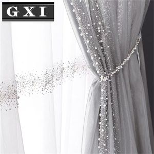 GXI Blanc Perle Brodé Tulle Rideau Pour Salon Gris Luxe Voile Perles Dentelle Balcon Fenêtre Tenda Rideaux Décor 210913