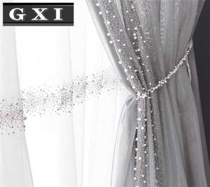 GXI blanc perle brodé Tulle rideau pour salon gris luxe Voile perles dentelle balcon fenêtre Tenda rideaux décor 2107125108540