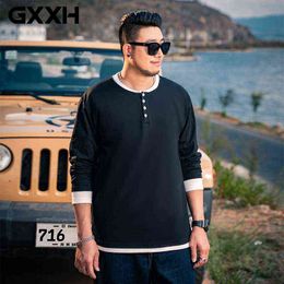 GXXH TIDE Brand Plus Size Men's Wear Nep Two T-Shirt Autumn Long Sleeve T-shirt Losse oversized casual contrast-knop Tops T220808