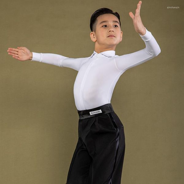 Ropa de gimnasia 2023, disfraz de baile de salón latino para niños, camisa blanca, camisetas de competición para niños, ropa de baile profesional Cha Tango