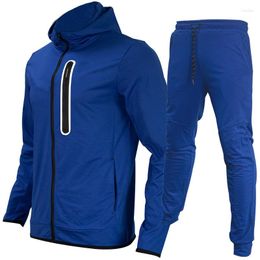 Gym vêtements 2023 Polyester homme vêtements de sport costume 2 pièces Tech couleur unie hommes survêtement avec capuche et pantalon Yoga formation