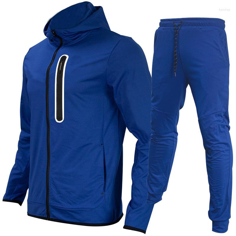 Spor Salonu Giyim 2023 Polyester Man Sportsswear Suit 2 PCS Teknik Düz Renkli Erkekler Takip Hoodie ve Pant Yoga Eğitimi