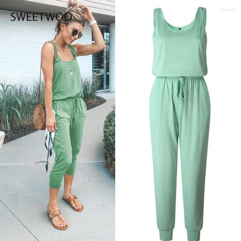 Gymkläder 2023 Sexig ärmlös solid bälte Jumpsuit Kvinnor Summer Casual Pocket Basic Long Romper Slim Beach Jumpsuits Trousers Overalls