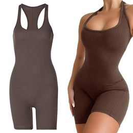 Vêtements de gymnastique 2024 Été Femmes Fitness Yoga Costume Sexy One Piece Combinaison Dos Nu Entraînement Body Sans Manches Moulante Barboteuse Sportswear