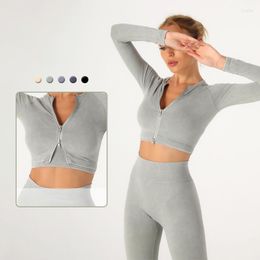 Vêtements de gymnastique 2 pièces sans couture femmes Yoga ensemble vêtements d'entraînement Fitness fermeture éclair à manches longues haut court taille haute Legging costumes féminins