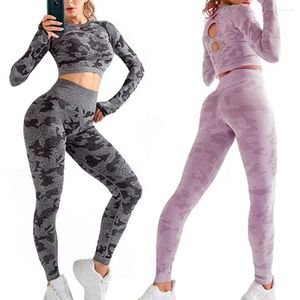 Vêtements de sport 2 pièces costume de Yoga à manches longues haut court mélange tissu sans couture taille haute tenues d'entraînement pour les femmes