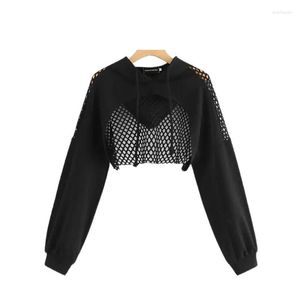 Gym Clothing Autumn Long Sleeve Tshirt Women Mesh Top Hooded Hollow Out Transparent Sexy Short Crop Tee Black Fishnet T-shirt Hoodie