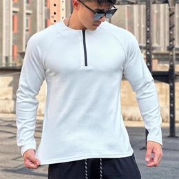 Vêtements de gymnastique Automne Hiver Peluche Sweat-shirt chaud Haute élasticité Fitness Sports Demi-fermeture à glissière Col rond à manches longues Hommes Formation