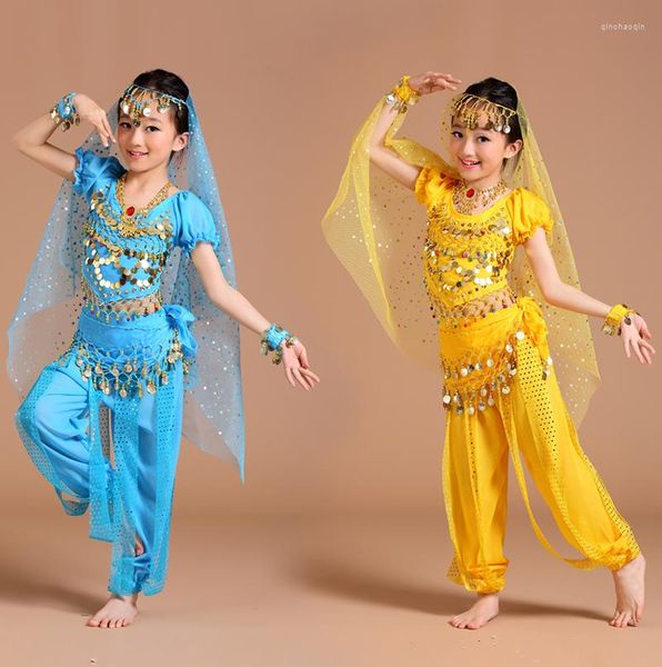 Ropa de gimnasia Traje de danza del vientre Niños Trajes de Bollywood Conjunto Vestidos para niños 5 piezas (Tocados Velo Top Cinturón Falda)