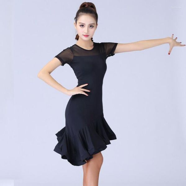 Ropa de gimnasio negro baile latino moda 2023 traje de mujer conjunto vestido Salsa Samba manga corta vestidos de encaje