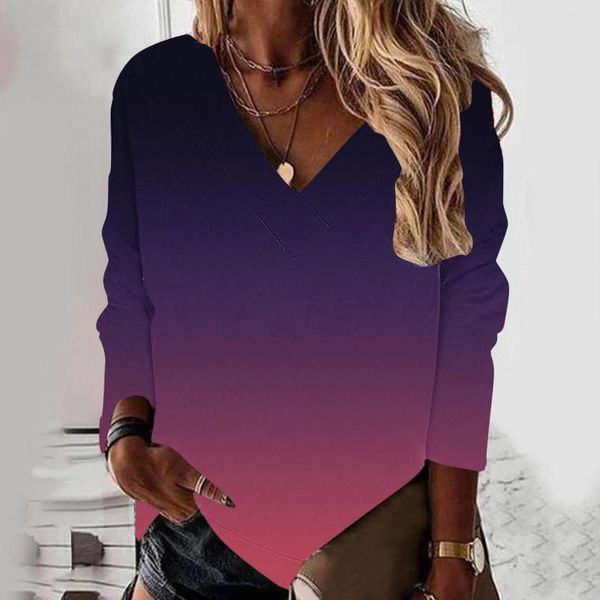 Vêtements de sport Articles sombres Femmes Casual Sweat ample Gradient Printing V Neck Top Light Hoodie Large Tie