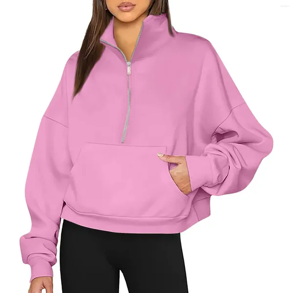 Pull à capuche surdimensionné pour femme, vêtement de gymnastique, demi-fermeture éclair, quart de sweat-shirt, tenues d'automne et d'hiver, avec poches, 2023