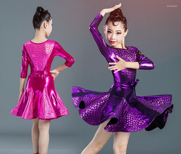 Vêtements de gymnastique enfant violet élégant plissé moderne Salsa robes de danse de salon latine pour fille vêtements danse compétition Costume porter
